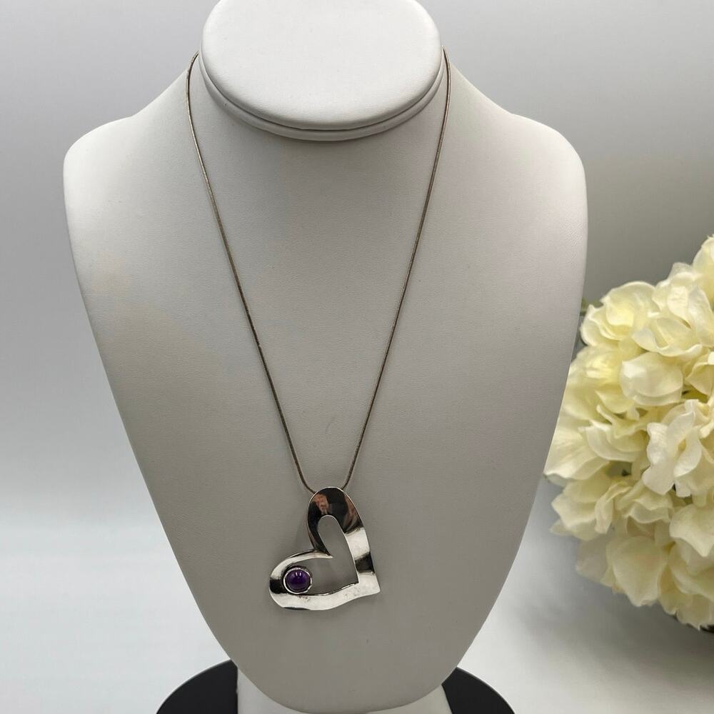 "B" Sterling 925 Israel‎ Amethyst Cabochon Heart Shaped Pendant Chain Necklace